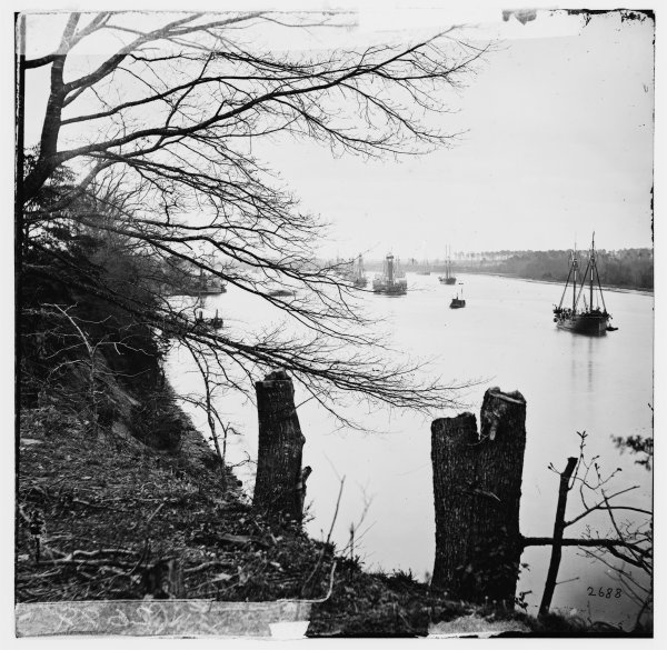 Varina Landing Virginia vicinity3. View of ships on James River. Near here Gen. Ords 18th Army Corps crossed the James