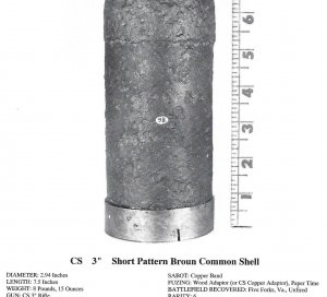 Confederate 3-inch "Short Pattern" Broun Shell with Original Wood Fuze Adaptor - High Quality
