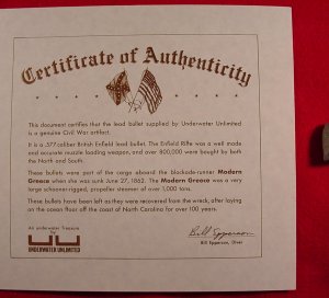 Confederate Enfield Bullet from Blockade Runner "Modern Greece" - Certificate Included