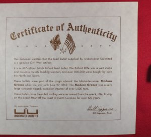 Confederate Enfield Bullet from Blockade Runner "Modern Greece" - Certificate Included