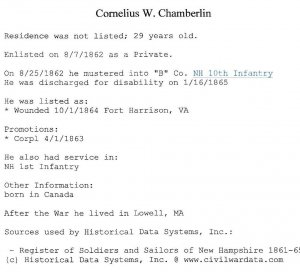 War of 1861 Identification Disk - Cornelius W Chamberlin Co B NH 10th Inf.