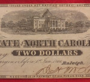 North Carolina Two Dollar Bill Dated 1863