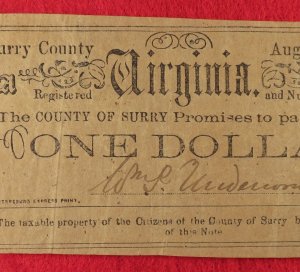 Surry County Virginia One Dollar Note - 1862