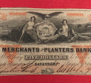 Merchants and Planters Bank Five Dollar Note Savannah, Georgia 1860