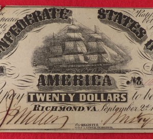 Confederate Twenty Dollar Note - Sailing Vessel - 1861