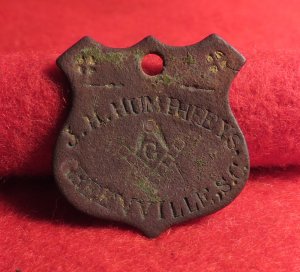Brass Tag of 2nd Lt. J.H. Humphreys - Greenville, SC - Freemason