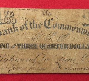  Bank of the Commonwealth "One and Three Quarter Dollars" Note - Dated 1862