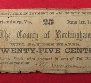  County of Rockingham, VA Twenty-Five Cent Note - Dated 1862  