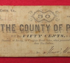  County of Page, VA Fifty Cent Note - Dated 1861 - RARE