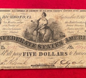 Confederate Five Dollar Note - 1861