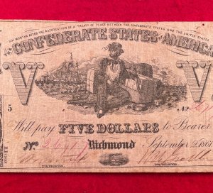 Confederate Five Dollar Note - 1861