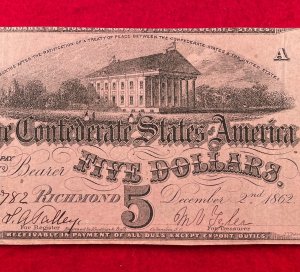 Confederate Five Dollar Note - 1862