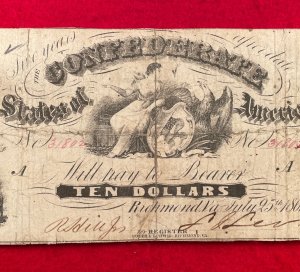 Confederate Ten Dollar Note - 1861