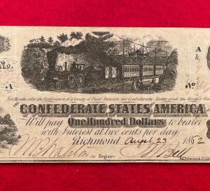 Confederate One Hundred Dollar Note - 1862 - T-40
