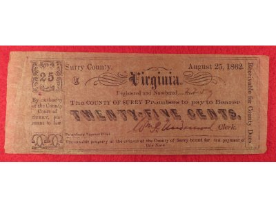Surry County Virginia Twenty-Five Cent Note - Dated 1862