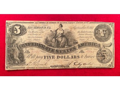 Confederate Five Dollar Note - 1861