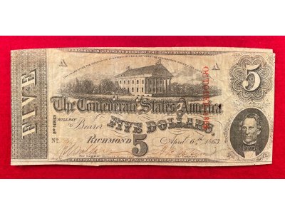 Confederate Five Dollar Note - 1863 - Cut Canceled