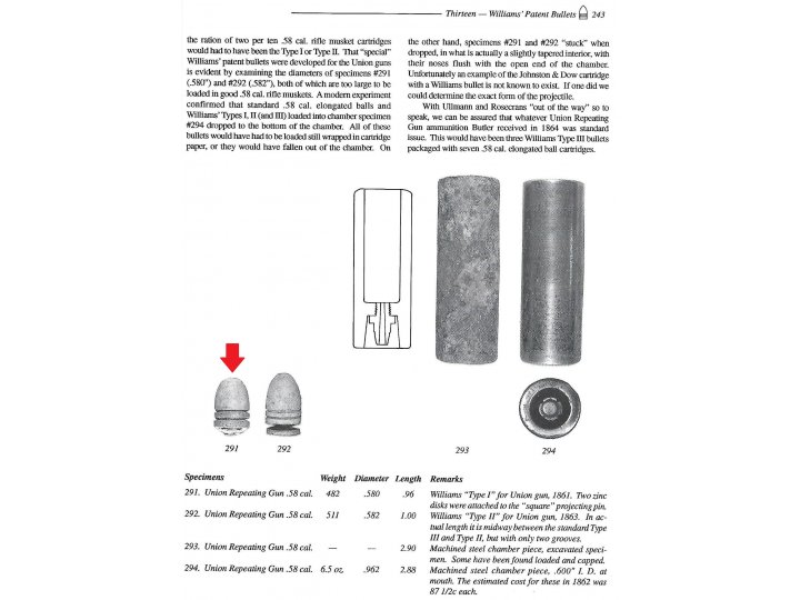 Williams Type I Bullet for Union Repeating Gun .58 Caliber - Outstanding Example