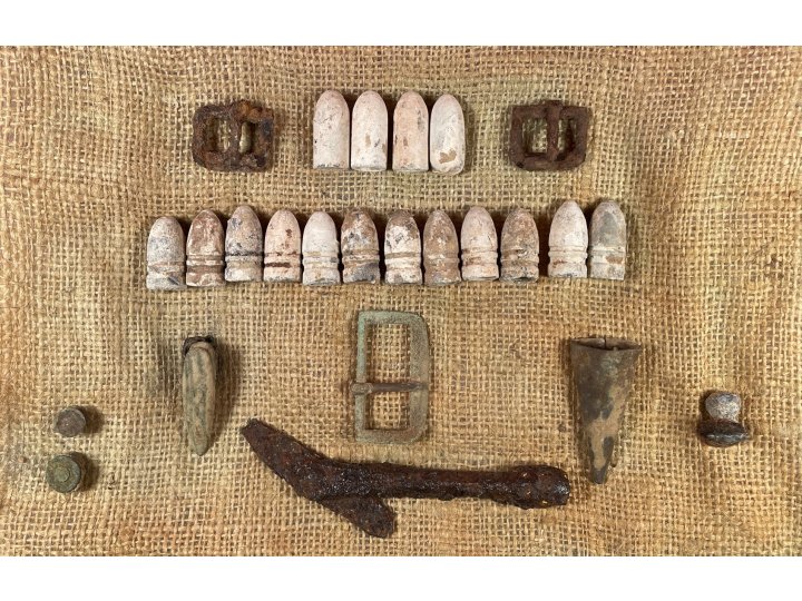 Display of Confederate Cartridge Box Contents and Parts, Belt Buckle, Gun Tool, and Bayonet Scabbard Hardware