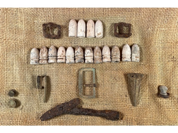 Display of Confederate Cartridge Box Contents and Parts, Belt Buckle, Gun Tool, and Bayonet Scabbard Hardware