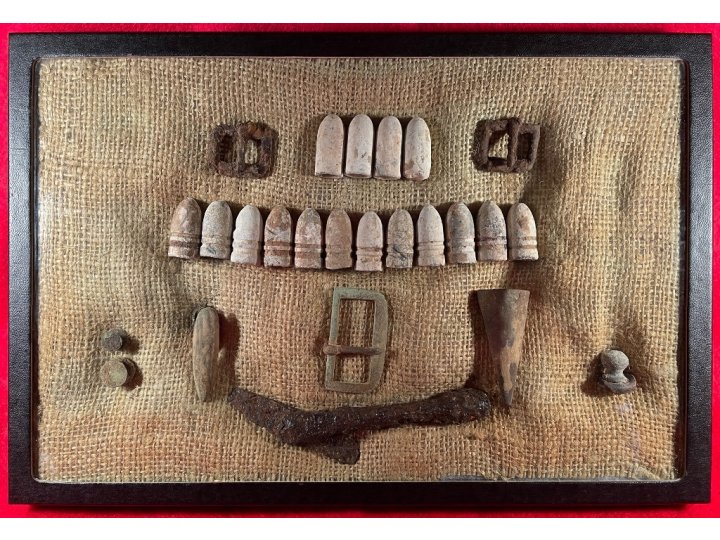 Display of Confederate Cartridge Box Contents and Parts, Belt Buckle, Gun Tool, and Bayonet Scabbard Hardware