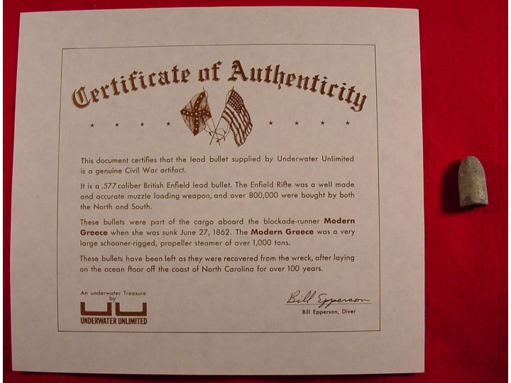 Confederate Enfield Bullet from Blockade Runner "Modern Greece" - Certificate Included