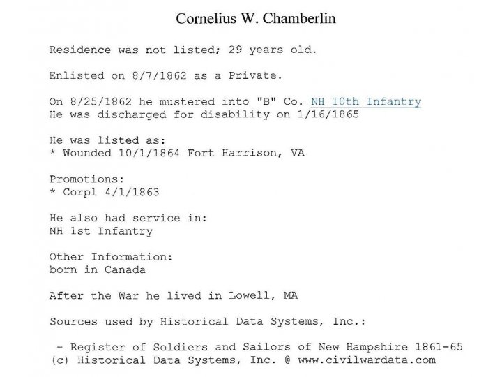 War of 1861 Identification Disk - Cornelius W Chamberlin Co B NH 10th Inf.