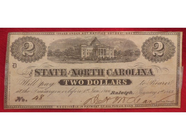 North Carolina Two Dollar Bill Dated 1863