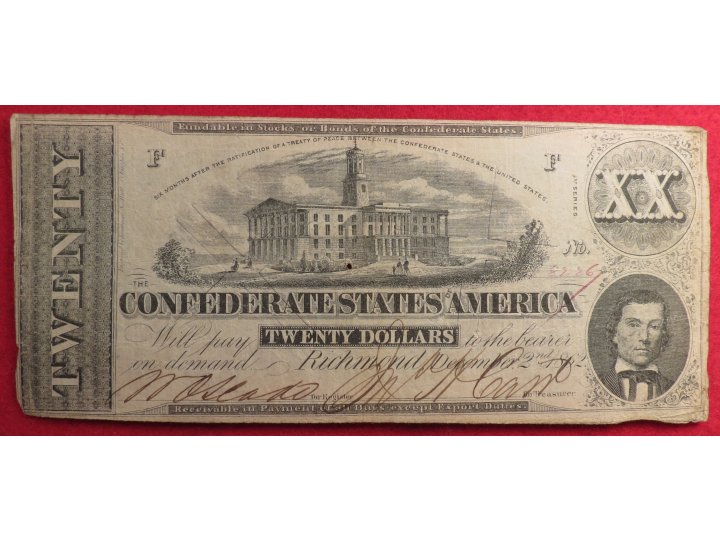 Confederate Twenty Dollar Note - 1862 Cut Canceled
