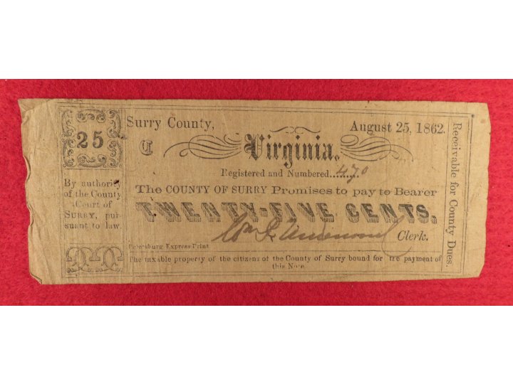 Confederate Surry County, Virginia Twenty-Five Cent Note - 1862