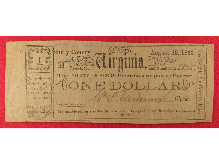 Surry County Virginia One Dollar Note - 1862