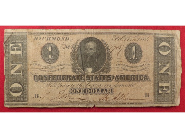  Confederate One Dollar Note 