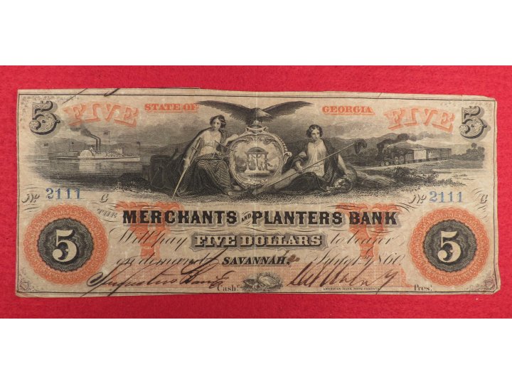 Merchants and Planters Bank Five Dollar Note Savannah, Georgia 1860