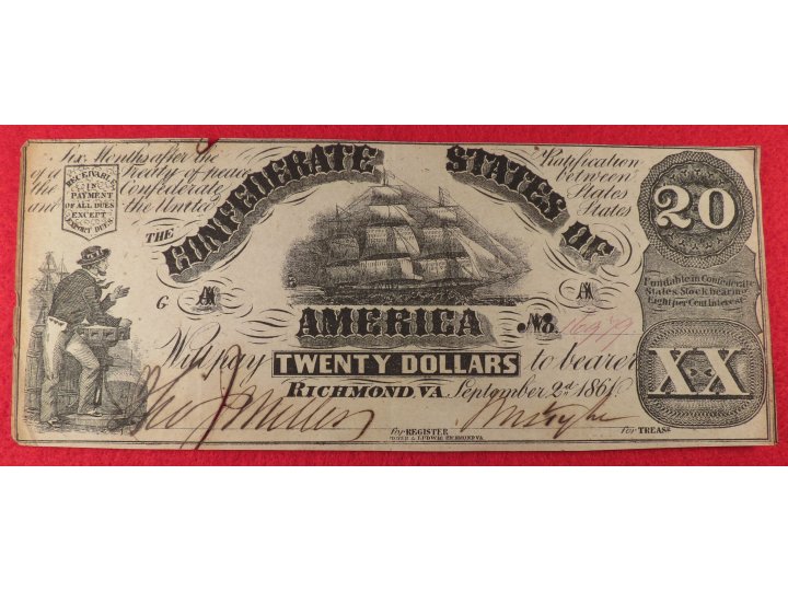 Confederate Twenty Dollar Note - Sailing Vessel - 1861