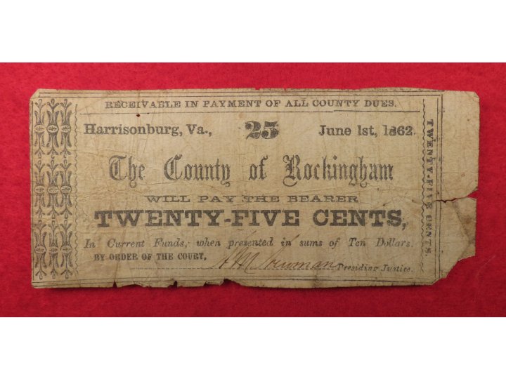  County of Rockingham, VA Twenty-Five Cent Note - Dated 1862  