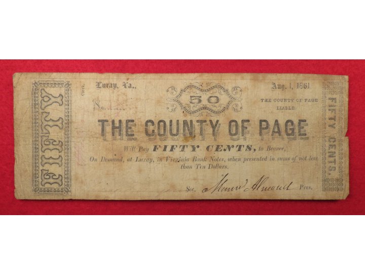  County of Page, VA Fifty Cent Note - Dated 1861 - RARE