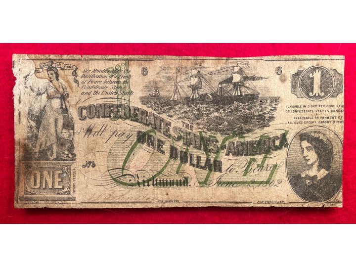 Confederate One Dollar Note - Lucy Pickens - 1862