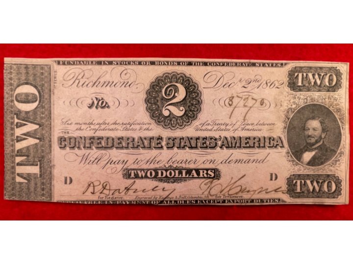 Confederate Two Dollar Note - 1862