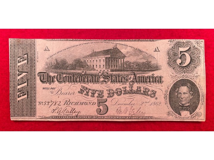 Confederate Five Dollar Note - 1862