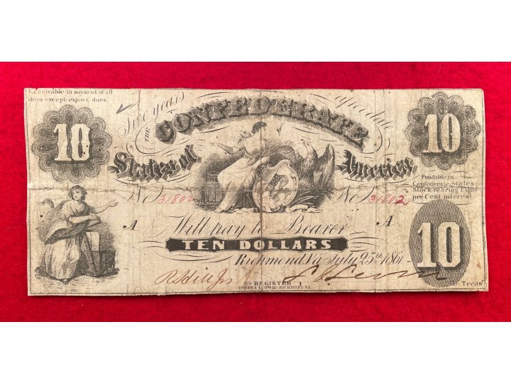 Confederate Ten Dollar Note - 1861