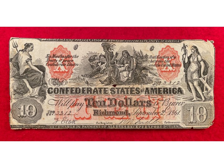 Confederate "Counterfeit" Ten Dollar Note - 1861