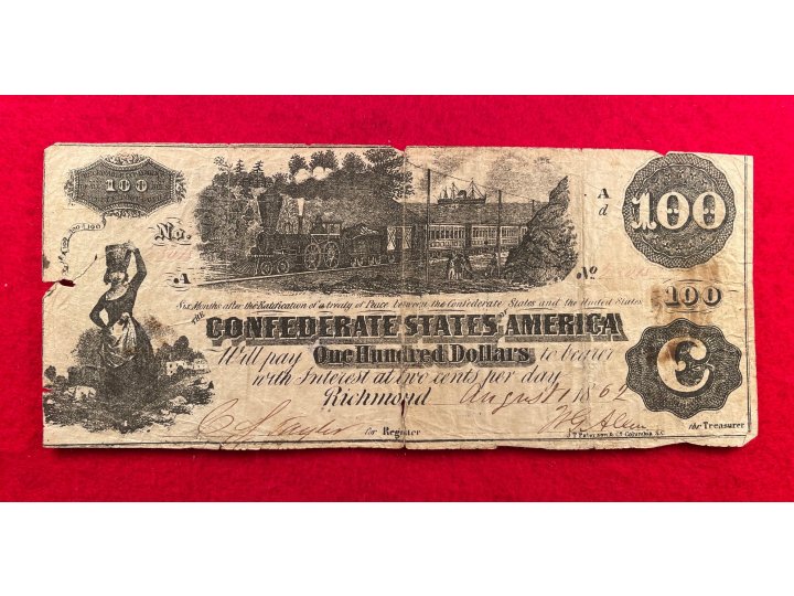 Confederate One Hundred Dollar Note - 1862 - T-39