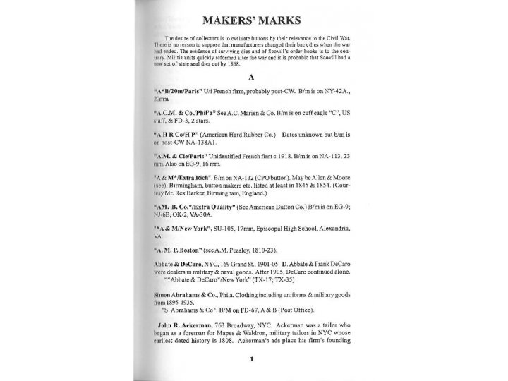 American Military Button Makers and Dealers; Their Backmarks & Dates - Signed by Both Authors 